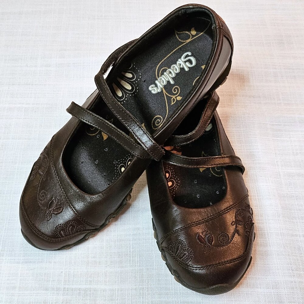 SKECHERS Brown Leather Bikers/Sport Corsica Peacock Mary Jane flats Size 7.5